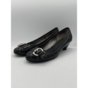Black Faux Croc Leather Buckle Kitten Heels Size 7W